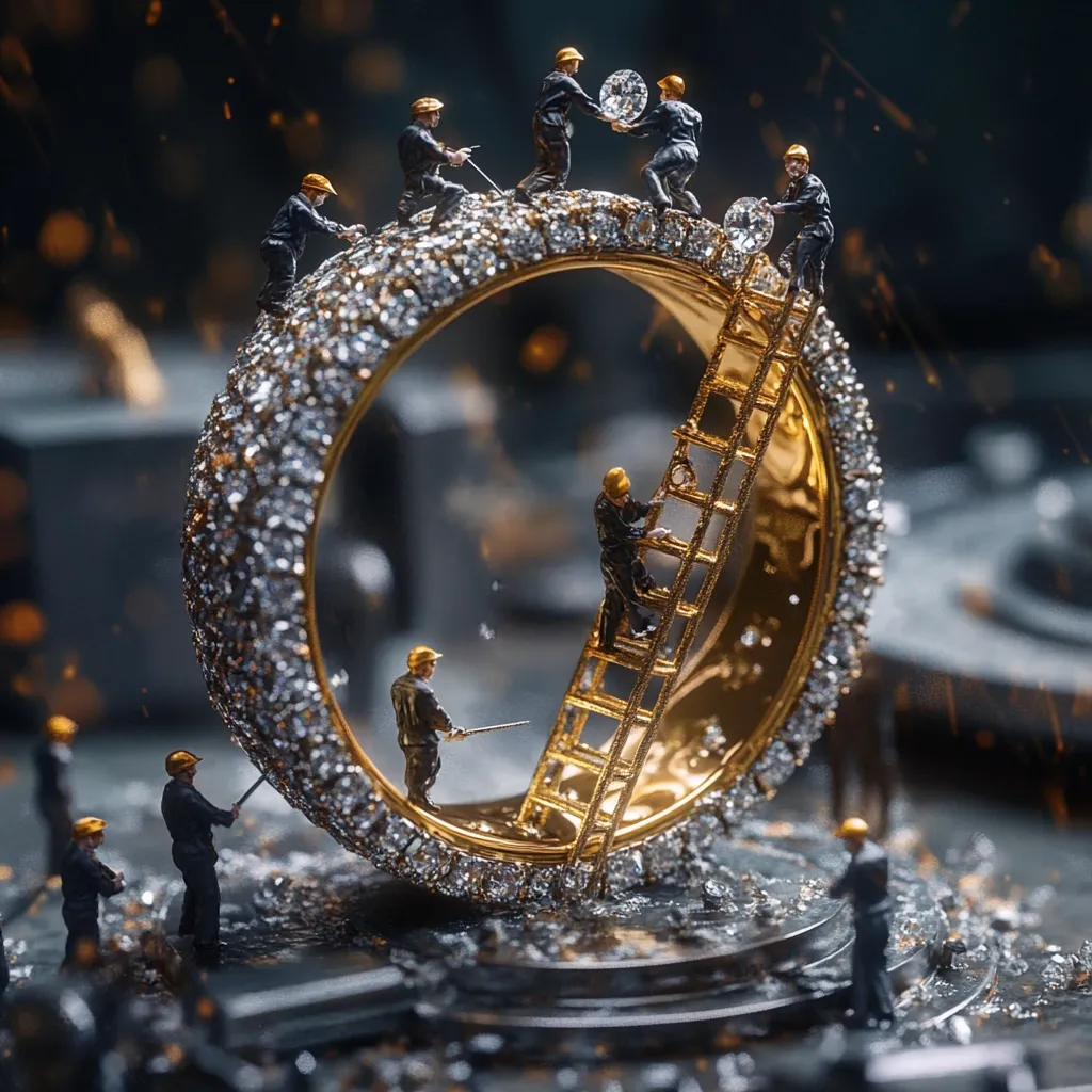 Miniature figures of workers meticulously craft a large, opulent gold ring encrusted with diamonds.  They use ladders and tools, suggesting a detailed and painstaking process.  Sparks and debris surround the ring, emphasizing the intensity of the creation. The scene is dramatic and evocative, showcasing the artistry and effort involved in high-end jewelry making.