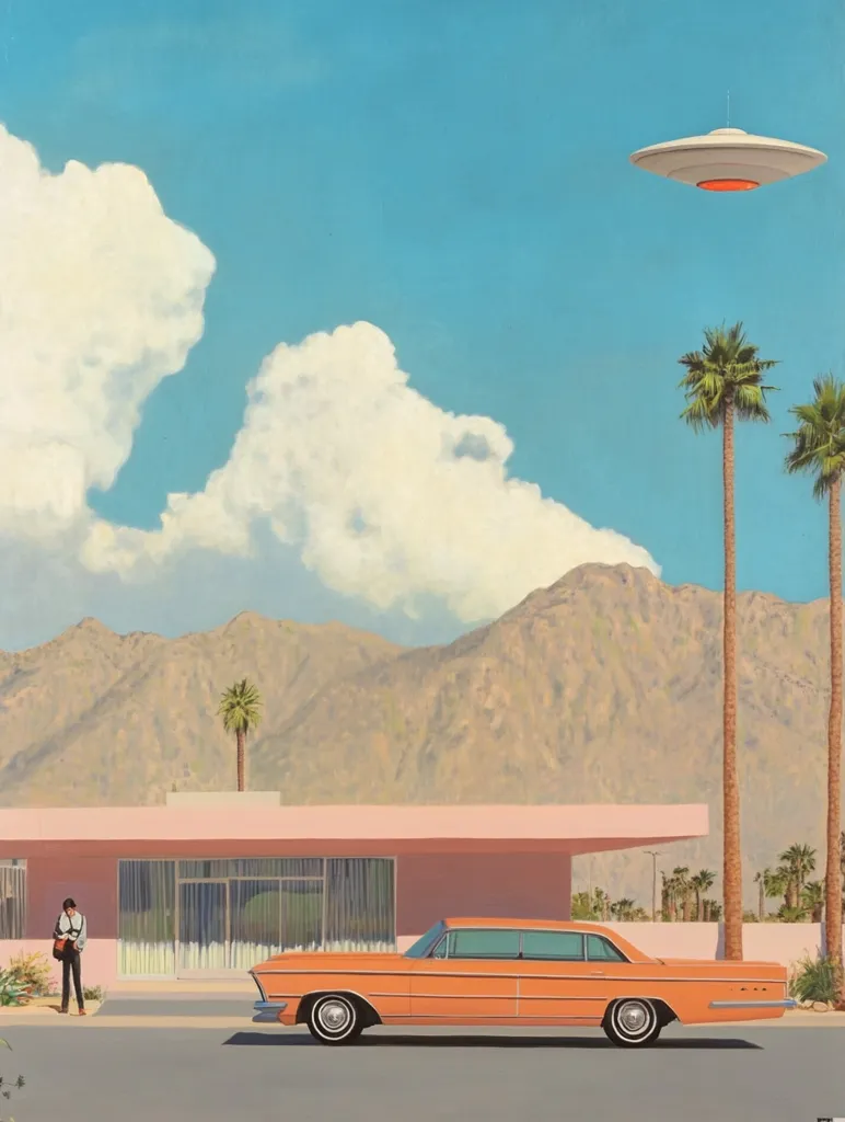 A pastel-colored painting depicts a serene desert scene. A peach-colored vintage car is parked in front of a light pink building, with a person standing nearby. Palm trees and mountains form the background, under a light blue sky with fluffy clouds. A UFO hovers subtly in the upper right corner, adding a touch of surrealism to the otherwise tranquil image. The overall style is reminiscent of mid-century modern art.