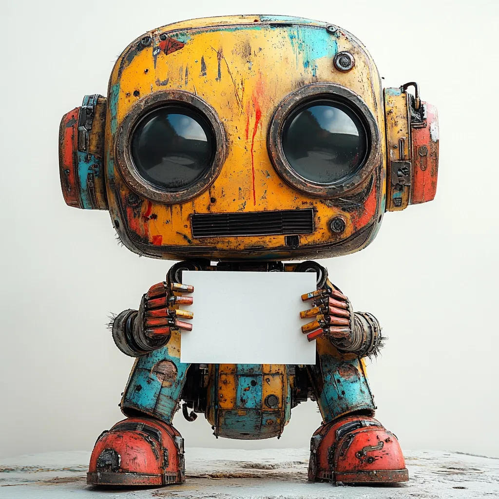A charming, rusty robot, predominantly yellow, blue, and red, sits holding a blank white sign.  Its large, round eyes and worn metallic body convey a sense of quirky vintage charm. The robot's pose and the blank sign suggest a message or announcement is forthcoming.  The background is a simple, neutral white.