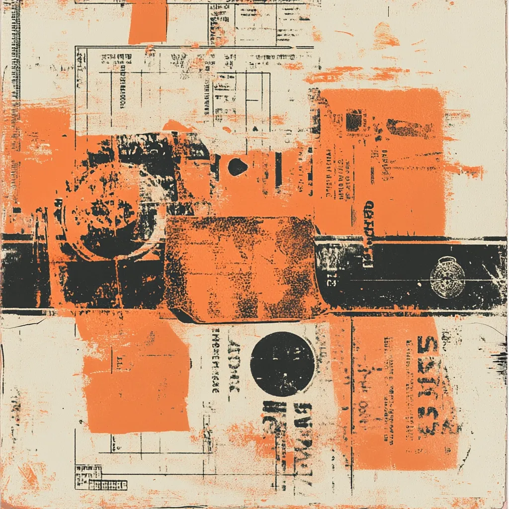 The artwork is an abstract collage predominantly in orange and black.  Layered fragments of what appear to be documents or forms are partially obscured by paint or ink, creating a sense of depth and texture.  The overall effect is one of aged, distressed paperwork, with illegible text and fragmented images contributing to a layered, chaotic composition. The orange blocks and splotches provide a striking contrast against the neutral background.
