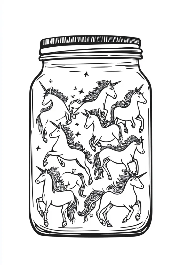 A mason jar filled with seven unicorns is depicted in a black and white line drawing. The unicorns are intricately detailed, with flowing manes and tails.  Stars twinkle within the jar, creating a magical atmosphere. The jar's lid is clearly visible, suggesting the unicorns are contained within. The style is whimsical and charming.