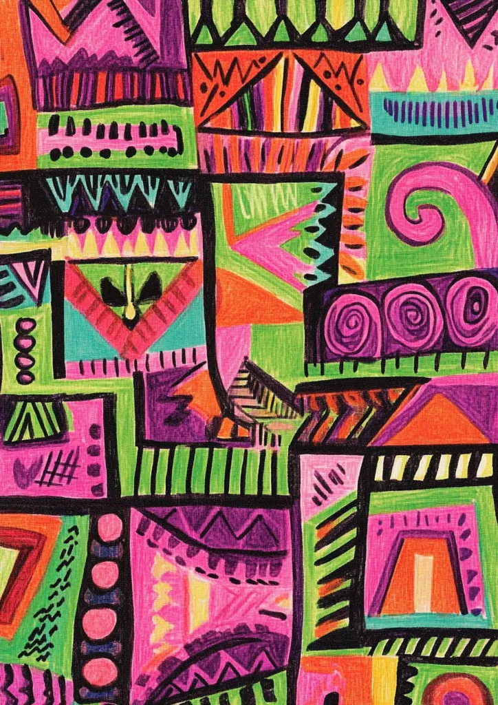 A vibrant, abstract artwork explodes with bold colors and geometric shapes.  Pink, purple, green, and orange dominate the composition, creating a playful, energetic feel.  Black outlines define the various shapes, which range from simple geometric forms to more intricate patterns and swirls. The style is reminiscent of folk art or children's drawings, with a distinct handmade quality.  The overall effect is chaotic yet balanced, a dynamic display of color and form.