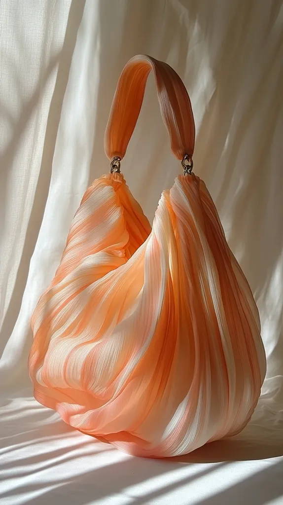 A peach-colored handbag made of draped, pleated fabric sits on a white surface.  The soft, flowing material creates a sculptural effect.  The bag features a simple handle and subtle metallic hardware.  Sunlight casts shadows, enhancing the texture and color of the unique design.