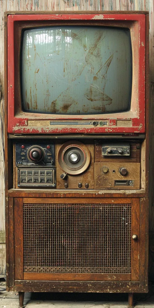 A vintage, red and wooden console television sits against a rustic wooden wall.  The television shows a faded, blurry image on its screen, and the entire unit exhibits signs of age and wear, including scratches and discoloration.  The console features integrated radio components, with visible knobs and controls.  The wooden cabinet shows significant wear, displaying a distressed, aged appearance.