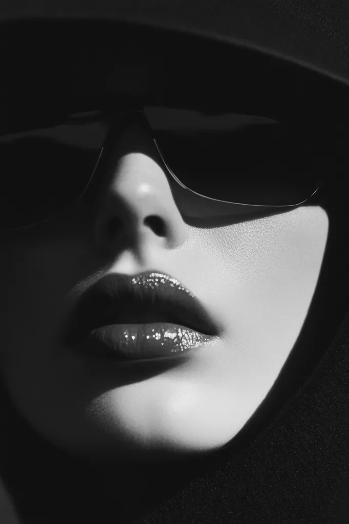 A close-up black and white shot features a woman's face partially obscured by a wide-brimmed hat and sunglasses.  Only her lower face, lips, and nose are visible.  The lighting is dramatic, highlighting the texture of her skin and the glossy sheen of her lipstick. The overall mood is mysterious and glamorous.