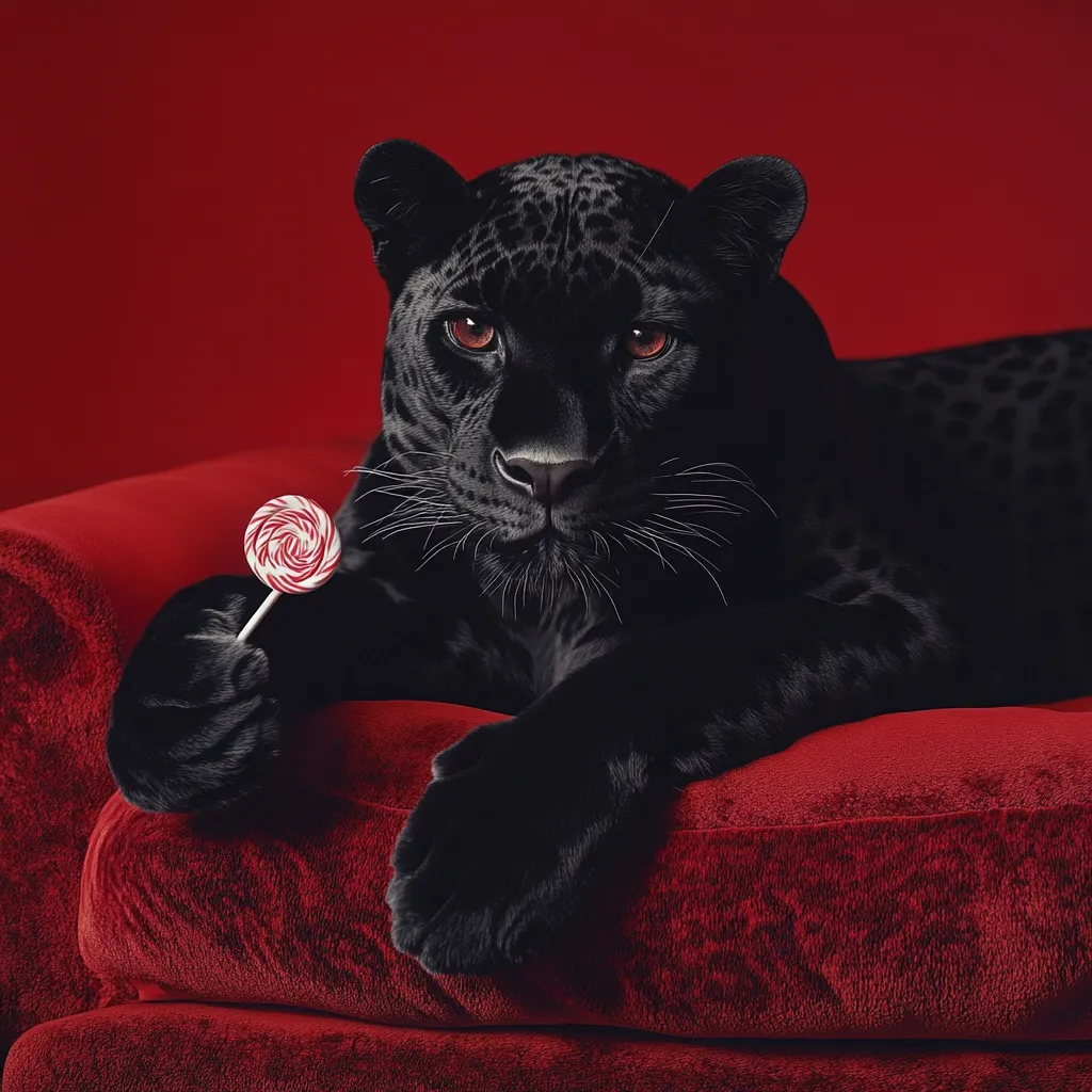 A majestic black panther, with piercing amber eyes, rests elegantly on a plush crimson velvet couch.  Its dark, spotted coat contrasts sharply with the rich red background.  The panther delicately holds a red and white swirl lollipop, creating a striking juxtaposition of wildness and sweetness. The image is dramatic and captivating.