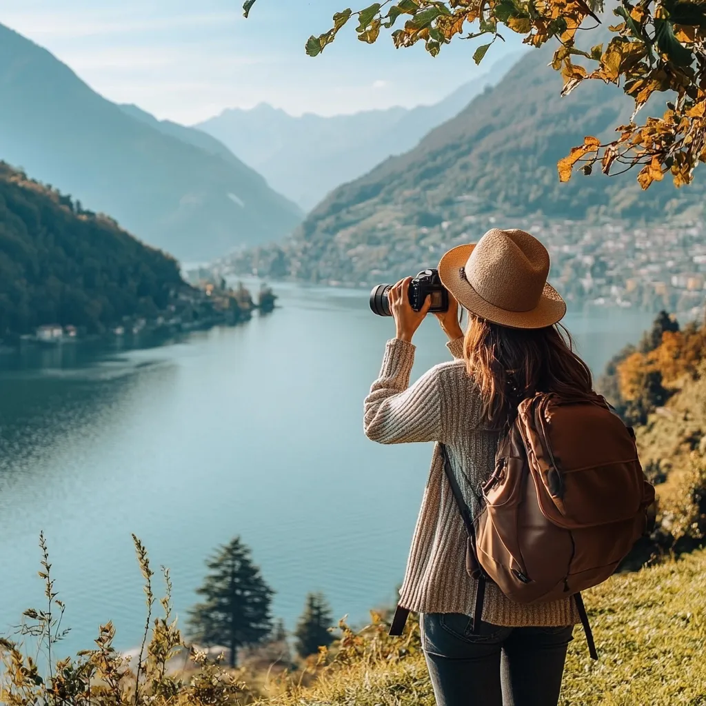 A woman with a straw hat and backpack stands on a hillside overlooking a serene lake nestled in a valley between mountains.  Autumnal foliage is visible on the trees and slopes. She holds a camera to her eye, capturing the breathtaking landscape. The scene evokes a sense of tranquility and adventure.