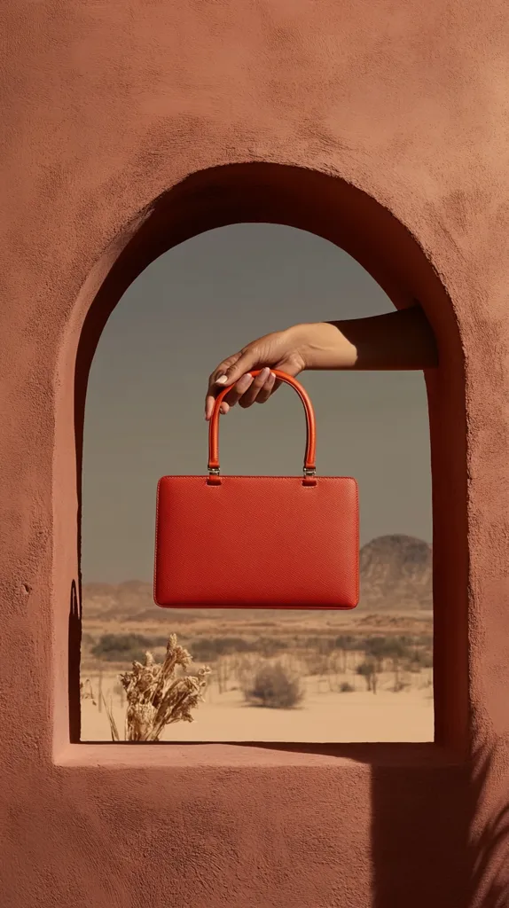 A hand emerges from an arched terracotta window, holding a vibrant orange rectangular handbag with short top handles.  The bag is displayed against a backdrop of a desert landscape visible through the opening. The scene is minimalist and evocative, emphasizing the color contrast and the bag's clean lines.  The earthy tones of the wall and the desert create a warm, luxurious feel.