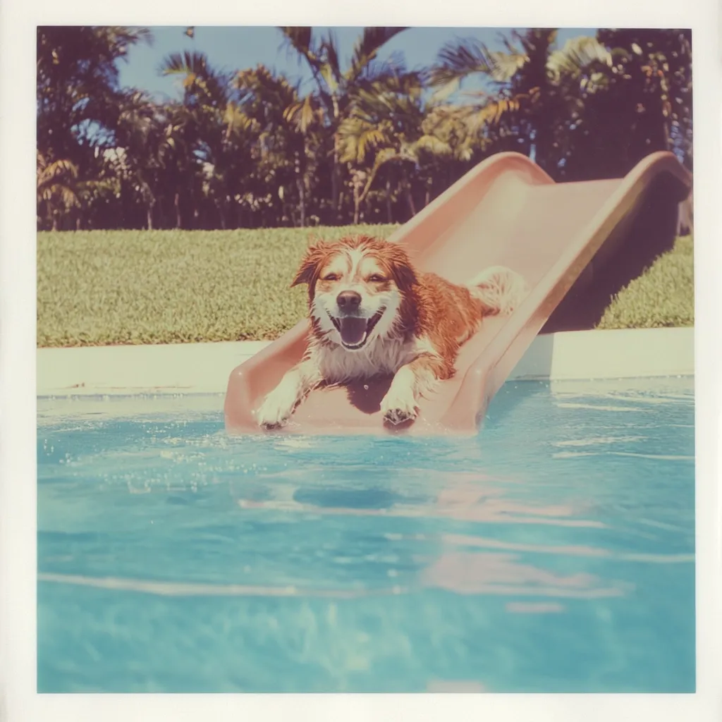 A happy, brown and white dog joyfully slides down a pink plastic waterslide into a sparkling blue swimming pool.  Palm trees and lush green grass form a sunny backdrop to this playful canine's summer fun. The image has a vintage, slightly faded aesthetic, suggesting a cherished memory.