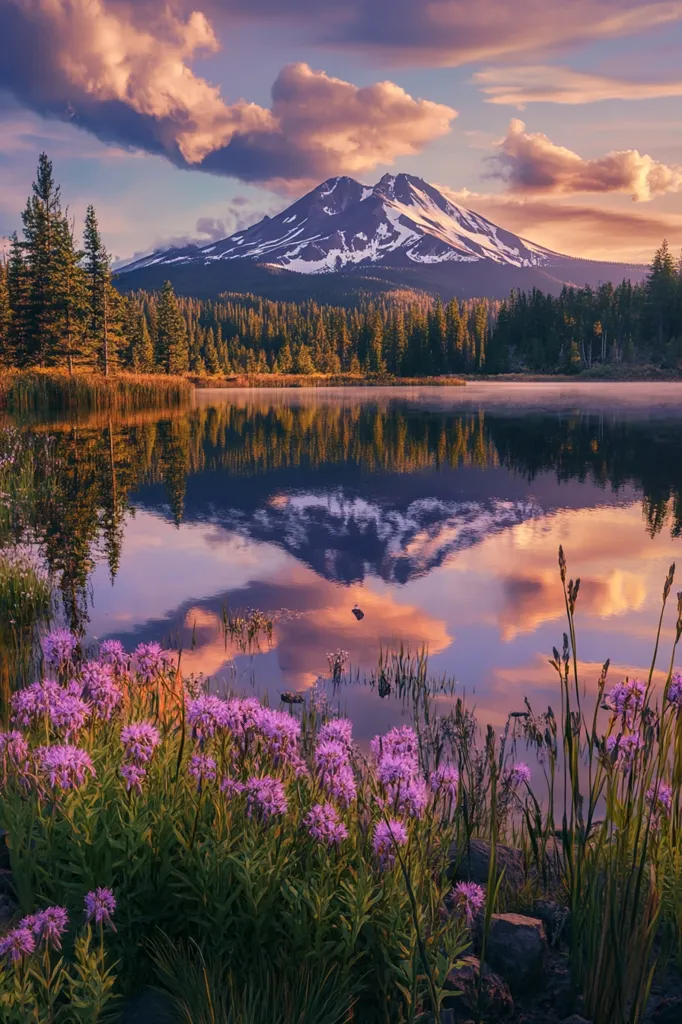 A serene mountain lake reflects a vibrant sunset sky and a snow-capped peak.  Purple wildflowers bloom in the foreground, contrasting with the dark evergreen forest lining the tranquil water. The scene is peaceful and idyllic, capturing a moment of breathtaking natural beauty. The reflection is nearly perfect, mirroring the sky and mountain in the still water.