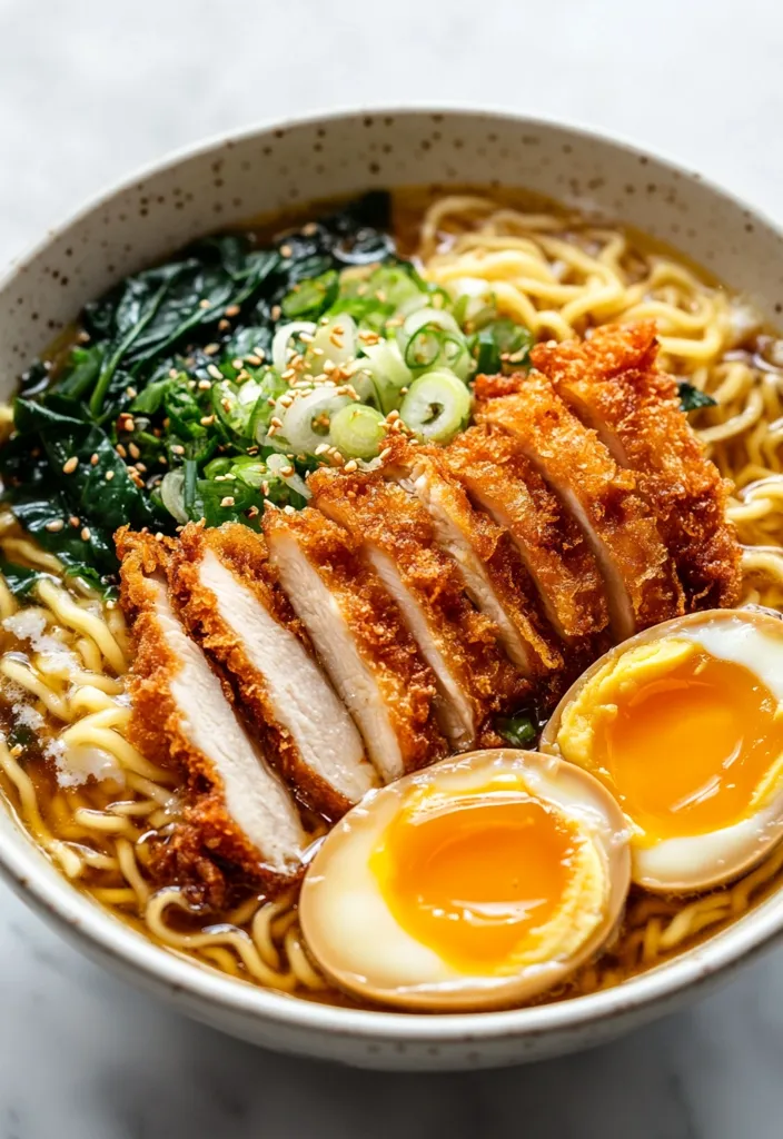 A bowl of ramen features crispy, breaded chicken katsu, soft-boiled eggs, ramen noodles, spinach, and scallions.  The broth is rich and dark, and the toppings are artfully arranged. Sesame seeds add a final touch to this savory and satisfying Japanese noodle soup.