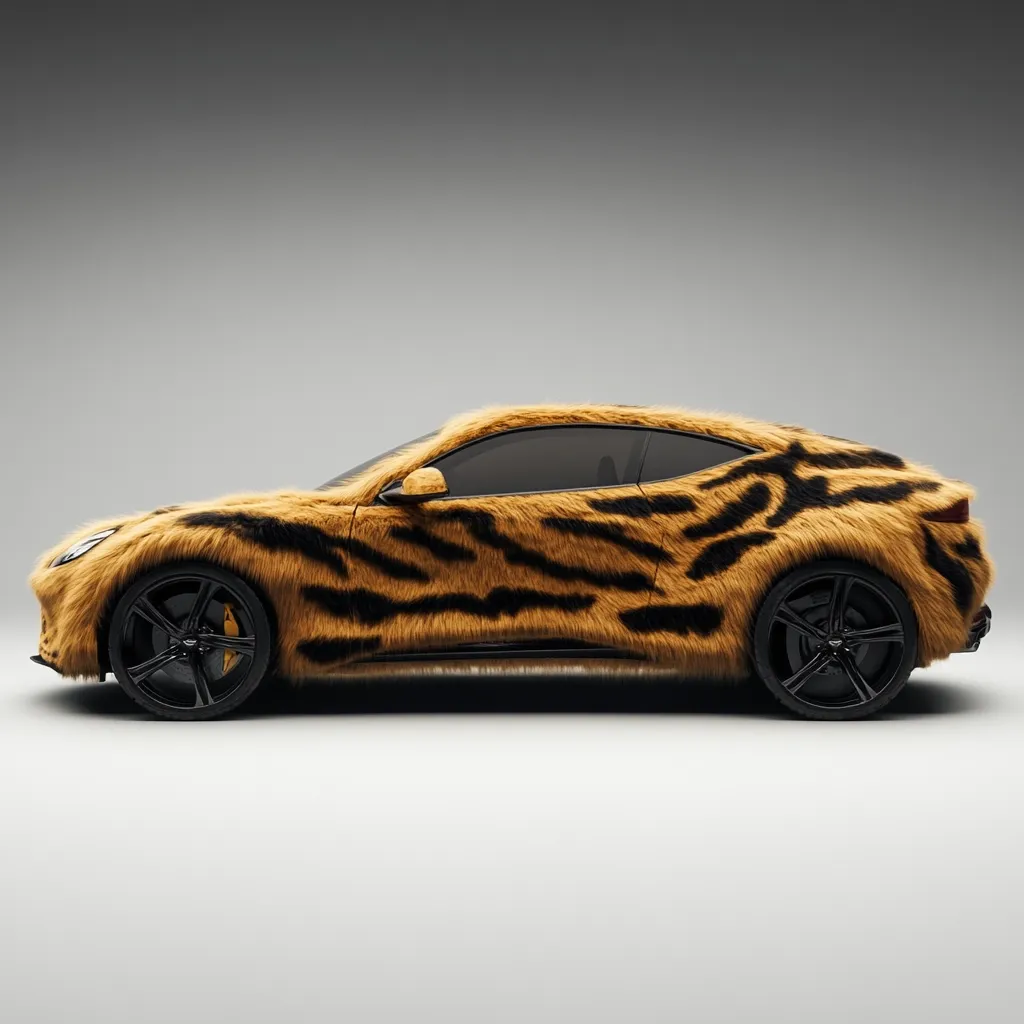 A sleek, modern coupe is entirely covered in a faux fur wrap, designed to mimic a tiger's stripes.  The tan and black fur contrasts sharply with the car's dark, polished rims. The vehicle is presented in profile against a neutral gray backdrop, showcasing the unique texture and pattern of its unusual covering.  The image emphasizes the car's striking and unconventional aesthetic.