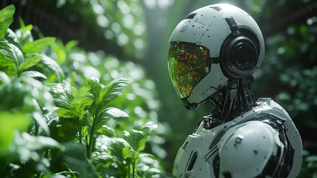 A futuristic robot, clad in white armor with a transparent helmet displaying an orange grid, stands amidst lush green foliage.  The robot's design is intricate, showcasing exposed wiring and mechanical components. The scene suggests a blend of advanced technology and natural environment, possibly depicting exploration or environmental monitoring in a dense jungle or forest. The lighting suggests a dappled sunlight filtering through the canopy.