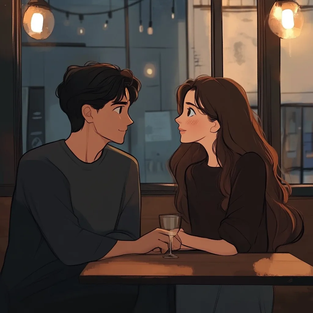 A charming illustration depicts a young couple on a date, seated at a table in a dimly lit restaurant.  Warm lighting from pendant lamps casts a romantic glow on the scene.  The man and woman, drawn in a soft anime style, gaze lovingly at each other, their hands gently clasped over a wine glass.  The overall atmosphere is intimate and peaceful.