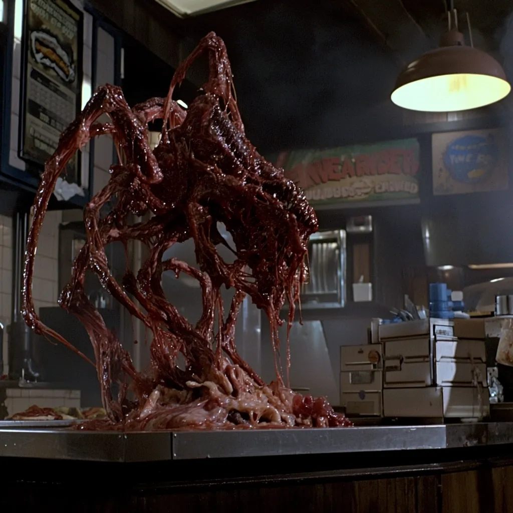 A grotesque, fleshy creature, reminiscent of a melting alien, dominates the scene.  Its crimson, viscous form sprawls across a stainless steel counter in what appears to be a diner.  The creature's many tendrils and dripping substance create a disturbing image, contrasting sharply with the mundane background of the eatery.  The overall atmosphere is one of horror and unease.