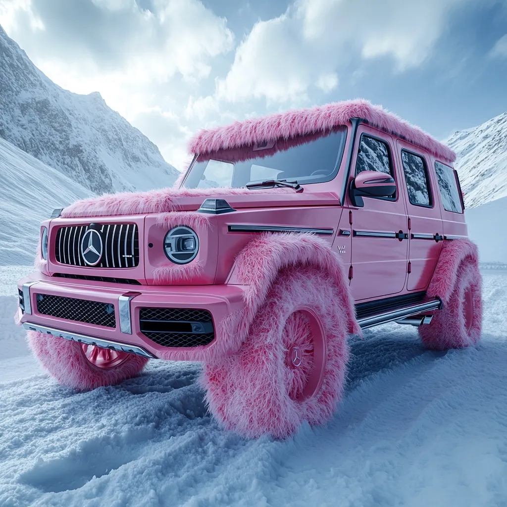 A pink Mercedes-Benz G-Class SUV, adorned with fluffy pink fur covering its body and wheels, sits in a snowy mountainous landscape.  The contrast between the luxurious vehicle and the rugged, wintry setting creates a striking image.  The car's vibrant color and unique modification make it stand out against the white snow and grey mountains.