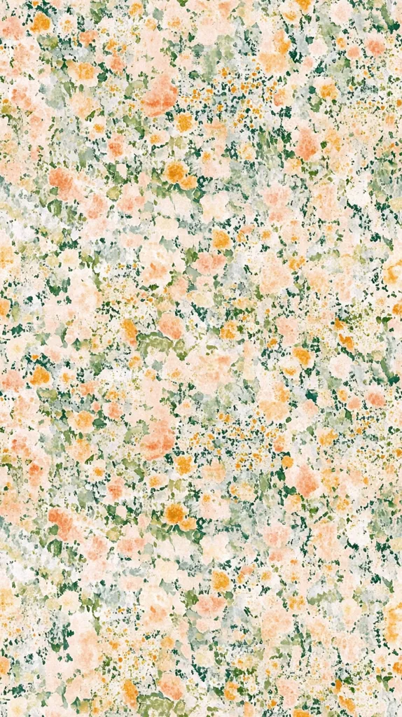 The image shows a watercolor-style floral pattern.  Peach, cream, and gold flowers are scattered across a muted green background. The design has a painterly, slightly abstract feel, with blooms rendered in soft, blended colors and indistinct shapes, creating a dreamy, romantic effect.  The overall impression is one of delicate, blooming abundance.