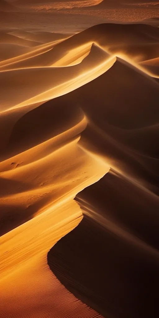 Golden sand dunes stretch across the desert landscape, bathed in the warm glow of the setting sun.  The wind-sculpted curves and shadows create a dramatic, abstract pattern.  The image evokes a sense of vastness and tranquility, highlighting the beauty of the natural world.  The rich, amber tones dominate the scene, creating a visually stunning and serene image.