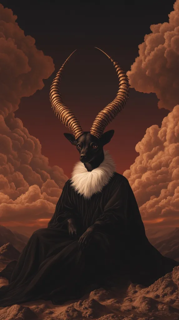 A digital painting depicts a black dog-like creature with large, ornate golden horns.  It's dressed in a dark robe with a white fur collar, seated majestically against a dramatic, fiery sunset backdrop of swirling clouds and a mountainous landscape. The overall mood is dark, mysterious, and somewhat regal. The creature's expression is stoic and intense.