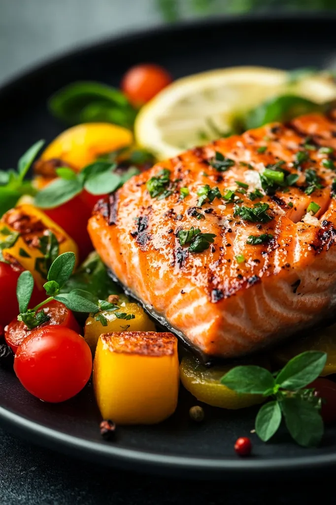 A perfectly grilled salmon fillet is the star of this vibrant dish.  It's artfully arranged atop a bed of roasted cherry tomatoes, yellow bell peppers, and herbs.  A slice of lemon adds a touch of brightness, enhancing the colorful presentation and suggesting a zesty, flavorful meal.  The dark plate provides a dramatic contrast to the food's warm tones.