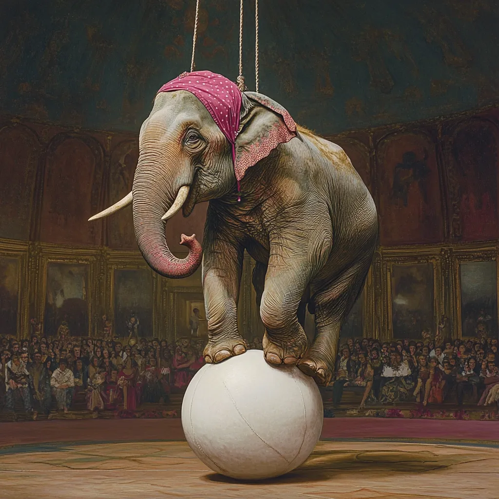 An elephant, adorned with a pink polka-dotted bandana, delicately balances on a large white ball.  The scene is set within a grand, ornate hall, before a large audience.  The image is hyperrealistic, capturing intricate details of the elephant's skin and the opulent surroundings, creating a surreal juxtaposition between the animal act and the elegant setting.