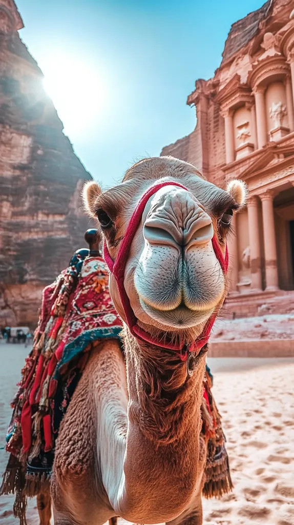 A close-up shot of a camel in Petra, Jordan. The camel is adorned with a colorful saddle blanket and a red bridle.  The background features the iconic Treasury of Petra, a stunning sandstone monument. The bright sunlight illuminates the scene, creating a dramatic contrast between the camel and the ancient architecture. The camel appears friendly, almost posing for the camera.