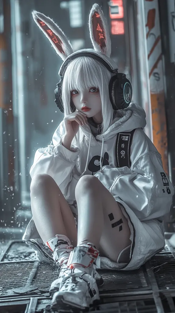 A young woman with long white hair, wearing oversized white bunny ear headphones and a white hoodie, sits on a metallic surface.  Her attire is futuristic and stylish, complemented by unique, detailed boots.  A small, dark tattoo is visible on her thigh. The overall aesthetic is cyberpunk, with a blend of futuristic and cute elements in a dimly lit, industrial setting.