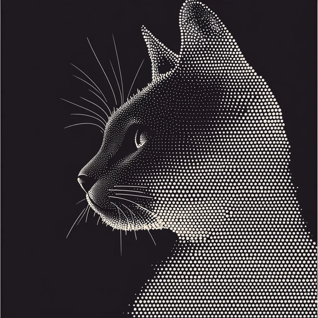 A stylized profile of a cat's head is rendered in pointillism, creating a striking image against a black background. The cat's features, including its eye, whiskers, and ears, are meticulously depicted using small, closely placed dots of varying shades of white and grey. The dots coalesce to form a lifelike representation of the feline, showcasing the artist's mastery of the pointillist technique.  The overall effect is both modern and classic.