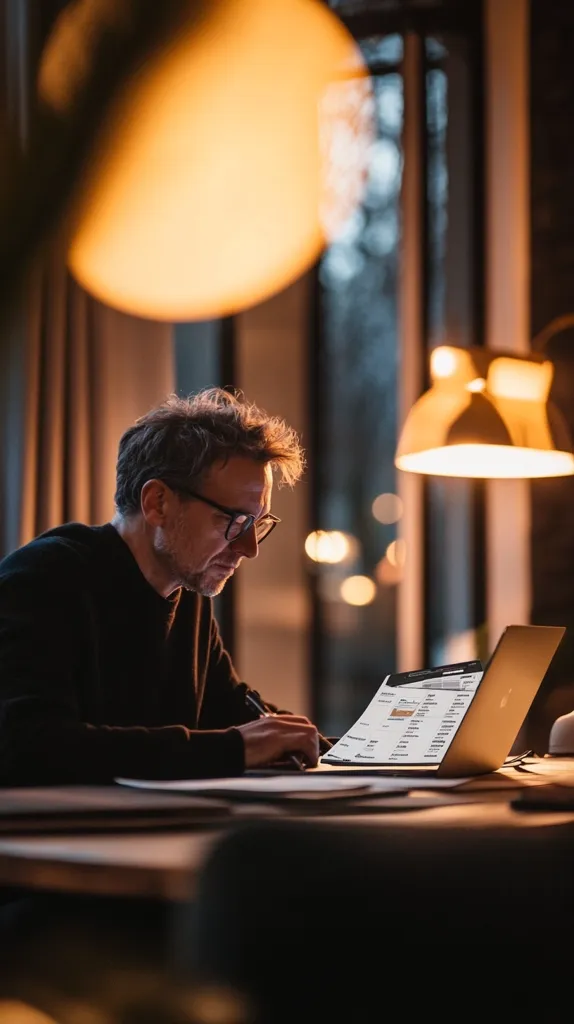 A man with glasses sits at a wooden table, illuminated by warm lamplight. He's engrossed in work on a laptop, reviewing a document. The atmosphere is cozy and focused, suggesting a late-night work session or a quiet moment of productivity in a home office.  The image evokes feelings of concentration and quiet contemplation.