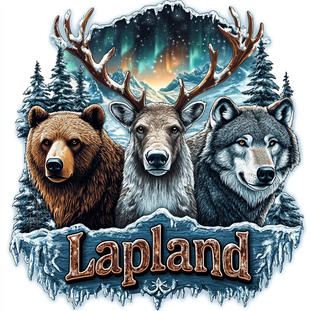 A majestic illustration showcasing the wildlife of Lapland. A brown bear, a reindeer with large antlers, and a grey wolf are prominently featured, their fur detailed against a backdrop of a snowy, mountainous landscape under a vibrant aurora borealis. The word "Lapland" is inscribed on a frosty, icy sign at the base of the image, completing the winter wonderland theme.