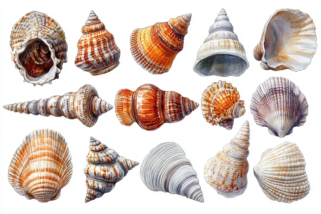 A collection of fifteen seashells, meticulously rendered in watercolor, are displayed against a stark white background.  The shells vary in shape, size, and color, showcasing a range of spiral, conical, and bivalve forms.  The artwork highlights the intricate details and diverse textures found in these natural specimens, featuring hues of orange, brown, white, and gray.