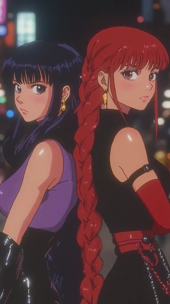 Two anime girls stand back-to-back, showcasing distinct styles.  The girl on the left has dark purple hair and a sleeveless purple dress, while the girl on the right sports vibrant red hair in a long braid, paired with a black outfit accented with red and metallic details. Both wear dark gloves. The background suggests a nighttime city setting, adding to the overall aesthetic.  The art style evokes a retro anime feel.
