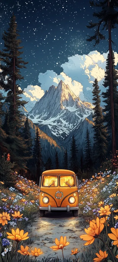 A vibrant illustration depicts a vintage orange camper van traveling down a path lined with wildflowers, leading towards a majestic snow-capped mountain under a starry night sky.  Tall pine trees flank the road, creating a serene and idyllic scene reminiscent of a peaceful journey through nature.  The overall style is whimsical and detailed, evoking a sense of adventure and tranquility.