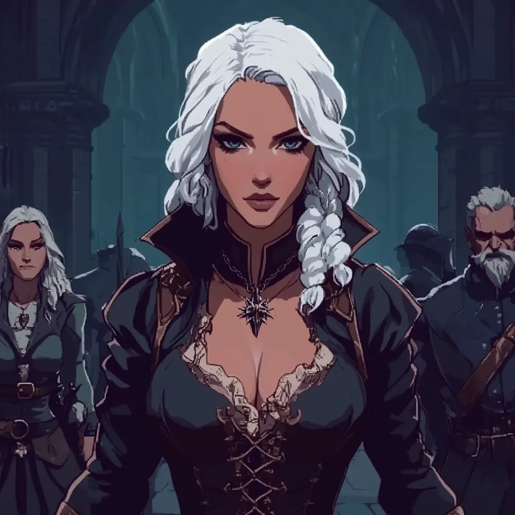 A striking woman with long, white braided hair commands attention.  She's dressed in a dark, low-cut bodice and jacket, adorned with intricate details.  A silver pendant hangs from her neck.  She stands confidently, flanked by two other women and an older man, all appearing to be within a dimly lit, gothic-style stone hall. The overall atmosphere is one of mystery and power.