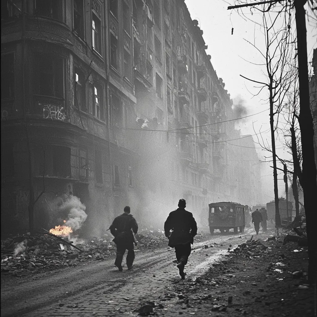 A black and white photograph depicts a war-torn city street. Two soldiers in uniform hurry down a rubble-strewn road, smoke billowing from a burning building.  A damaged bus is visible in the mid-ground, with other soldiers in the distance.  The atmosphere is smoky and somber, the buildings heavily damaged, showcasing the devastation of war.