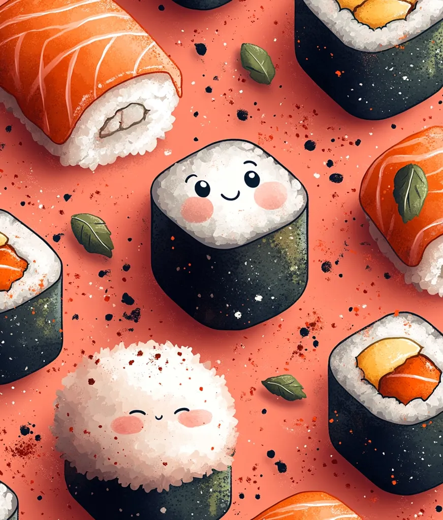 A vibrant illustration features an array of adorable cartoon sushi pieces against a coral backdrop.  Smiling maki rolls, salmon nigiri, and other sushi varieties are scattered across the surface, sprinkled with black dots and green leaves. The overall style is playful and whimsical, with a focus on cute characterization and appealing food imagery.