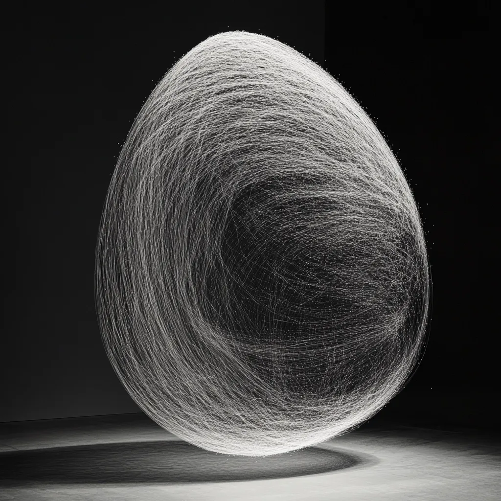 A grayscale image showcases a luminous, egg-shaped sphere composed of countless fine, white lines swirling and intersecting.  The lines create a dense, three-dimensional web, appearing almost ethereal against the stark black background. The sphere casts a soft shadow on the floor, enhancing its three-dimensionality and delicate structure.  The overall effect is one of intricate beauty and subtle motion.