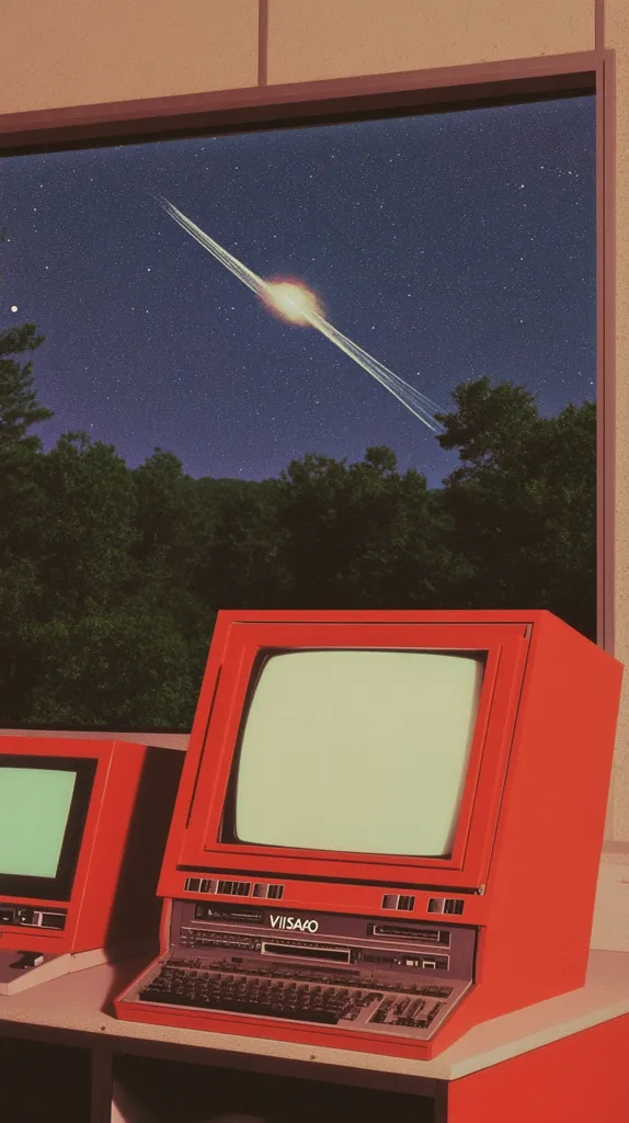 A vibrant retro-styled image showcases two bright red vintage computers positioned before a large window.  The window displays a nighttime scene of a starlit sky, punctuated by a dramatic meteor streaking across the dark expanse above a silhouetted forest. The overall aesthetic blends a nostalgic technological feel with a dreamy, celestial backdrop.
