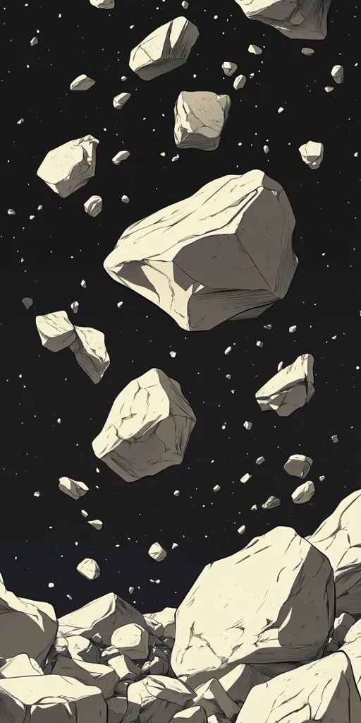 The illustration depicts an asteroid field in space.  Numerous rocks of varying sizes drift against a black background speckled with tiny stars.  Larger asteroids dominate the lower half of the image, suggesting a collision or debris field.  The style is minimalist, utilizing shades of gray and white on black, creating a stark, cosmic scene.