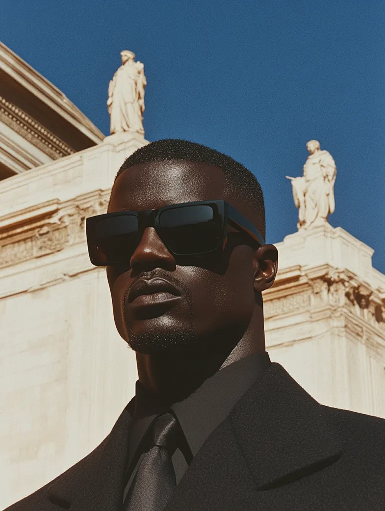 A dark-skinned man in a black suit and sunglasses stands before a classical building.  Two statues are visible on the building's facade. The man's expression is serious, his gaze directed forward. The image is sharply focused, with a contrast between the man's dark attire and the light-colored building. The scene evokes a sense of sophistication and timeless style.