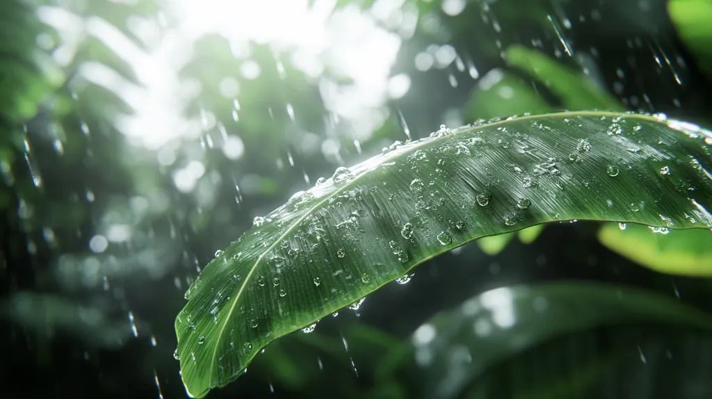 Rain falls on a large, vibrant green leaf, its surface speckled with glistening droplets.  The background is blurred, showing a lush, verdant jungle environment.  Sunlight filters through the canopy, creating a soft, ethereal glow. The scene evokes a sense of tranquility and the refreshing power of nature.