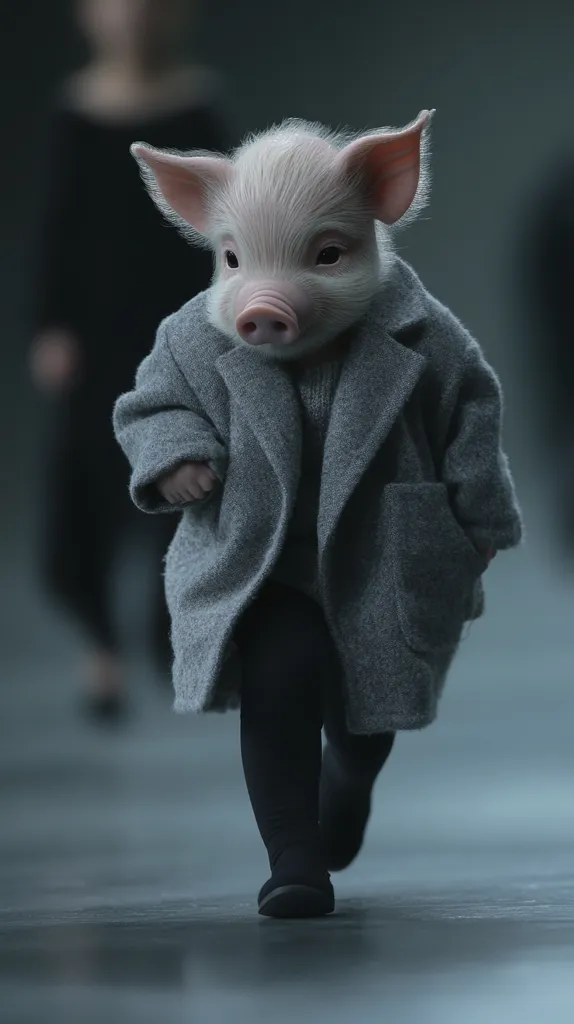 A piglet, dressed in a stylish gray overcoat and black leggings, strides confidently down a pathway.  The piglet's attire contrasts with its innocent features, creating a whimsical image. The background is blurred, focusing attention on the piglet's unique fashion statement.  A figure is faintly visible in the distance, adding depth to the scene.