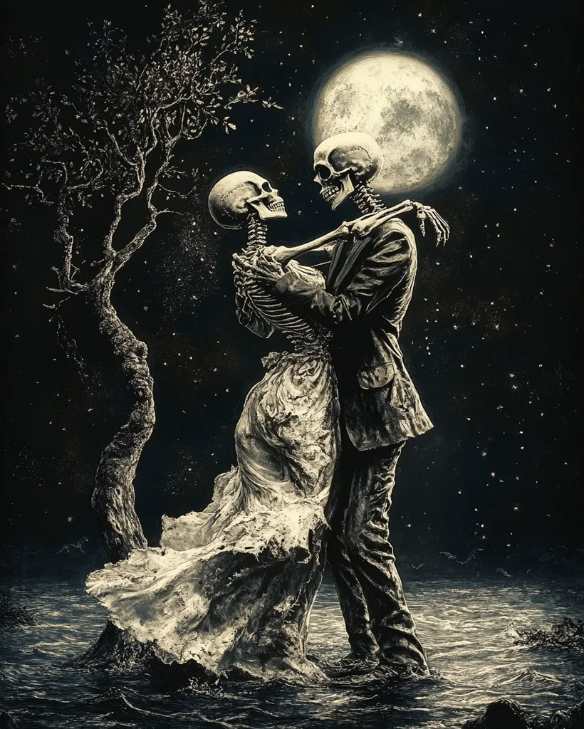 A romantic depiction of two skeletons embracing under a large moon. The female skeleton wears a flowing dress, while the male skeleton is dressed in a suit. They stand in shallow water near a solitary tree against a starry night sky. The scene evokes a melancholic yet beautiful sense of eternal love beyond the boundaries of life and death.  The artistic style is dark and dramatic, emphasizing contrasts of light and shadow.