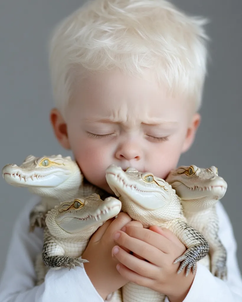 A blonde toddler with his eyes closed gently cradles three small, albino crocodiles.  The child's face is close to the reptiles, creating a striking contrast between the soft human skin and the textured reptilian scales. The image evokes a sense of unusual tenderness and unexpected companionship.  The background is a muted gray, focusing attention on the central figures.