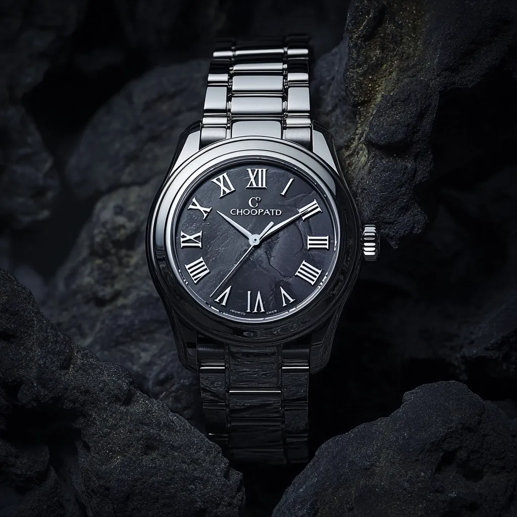 A Chopard watch with a black dial featuring a unique marbled texture rests on dark, rough rocks.  The watch has a stainless steel bracelet and Roman numerals. The dark background and textured rocks create a dramatic, sophisticated presentation, highlighting the watch's elegant design and dark aesthetic. The brand's logo is subtly placed on the dial.