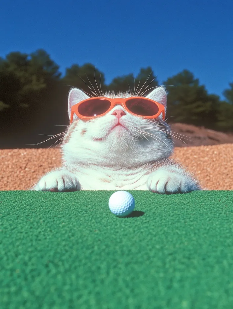 A fluffy white cat, sporting bright orange sunglasses, sits on a putting green.  Its paws rest on the surface, gazing intently at a golf ball positioned just in front. The background features a sunny blue sky and lush green trees. The overall scene is humorous and playful.