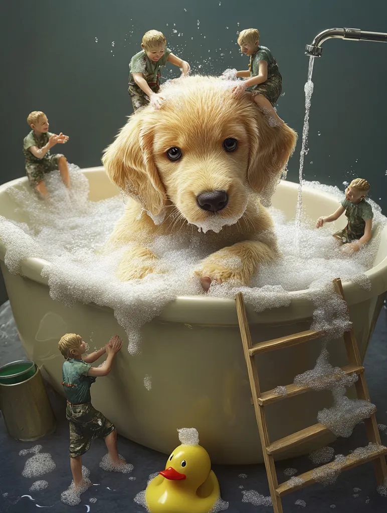 A giant golden retriever puppy enjoys a bubble bath.  Tiny children playfully wash the pup, perched atop its fluffy head and splashing in the suds.  A small wooden ladder sits beside the oversized tub, adding to the whimsical scene.  The image is a charming blend of fantasy and realism, capturing a playful moment of bath time fun.