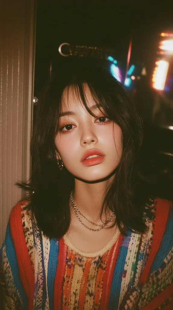A young woman with shoulder-length dark hair and bangs looks directly at the camera.  She's wearing a vibrant, multicolored striped sweater and delicate silver necklaces. Her makeup is subtly done, emphasizing her eyes and lips. The background is blurred, suggesting a nighttime urban setting with glowing lights. The overall aesthetic is reminiscent of retro film photography.