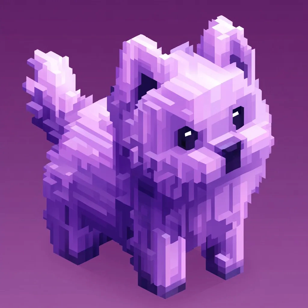 A charming, pixelated purple dog is depicted in an isometric view.  Its fluffy texture is rendered through a collection of cubes, giving it a blocky, low-poly aesthetic.  The dog stands on all fours with its tail slightly raised, exhibiting a friendly and playful expression.  The overall style is cute and digitally stylized.