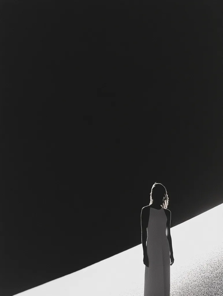 A black and white image shows the silhouette of a woman in a long white dress. She stands on a brightly lit, angled surface that contrasts sharply with the overwhelmingly dark background.  The stark lighting emphasizes her solitary figure, creating a dramatic and somewhat mysterious mood.  The contrast between light and shadow is the image's focal point.